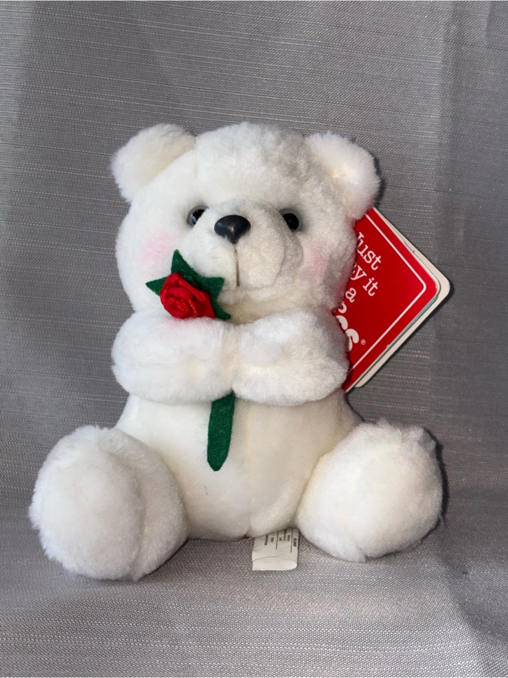 Vintage Russ White Plush Bear with Red Rose A73